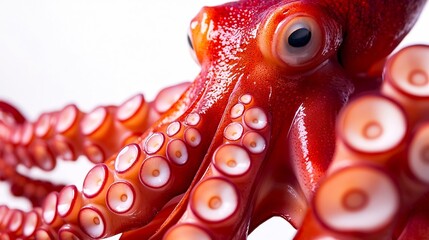 Bold and Detailed Red Octopus Tentacle on Plain White Background Emphasizing Exotic and Gourmet Seafood Concepts