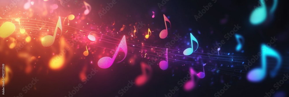 Fototapete Colorful 3D music notes cascading through a vibrant neon background with a dynamic visual effect. Generative AI