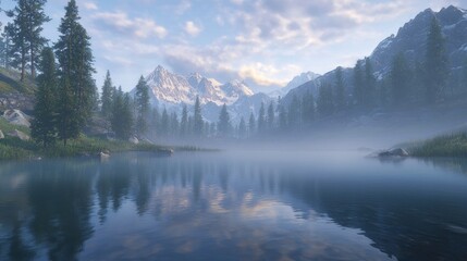 Serene mountain landscape with a reflective lake.