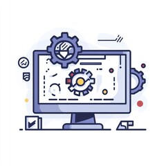 Computer screen displaying gears, charts, and data analytics.