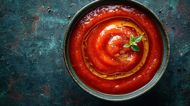 Bowl of ketchup with swirling design on a textured surface highlighting its ingredients