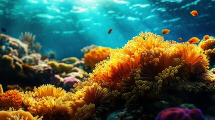 Obraz premium Vibrant Underwater Anemones with Sunlight and Coral