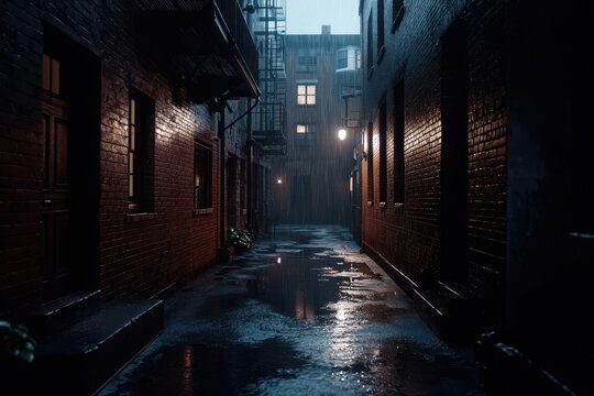 Rain-soaked back street alley featuring aged city houses.
