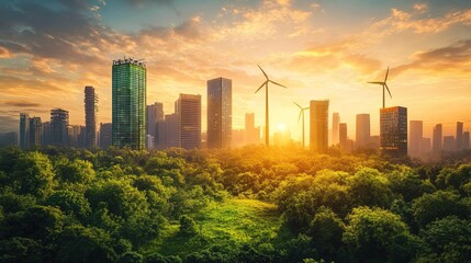 Naklejka premium A sustainable futuristic city with green skyscrapers, wind turbines, and solar panels integrated into architecture