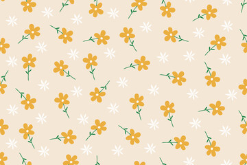 Seamless floral pattern, liberty ditsy print | White daisy flowers | Yellow Groovy flower | Design for pillow, blanket, rug, carpet, fabric, fashion, clothing, wallpaper, accessory