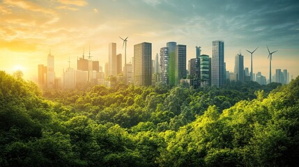 A sustainable futuristic city with green skyscrapers, wind turbines, and solar panels integrated into architecture