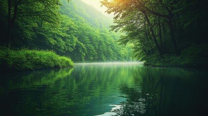 Obraz premium Serene River Flowing Through Lush Green Forest