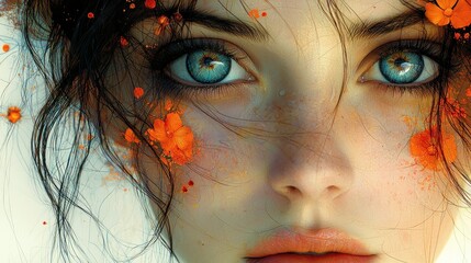 Close-up portrait of a young woman with blue eyes and orange flowers around her face.