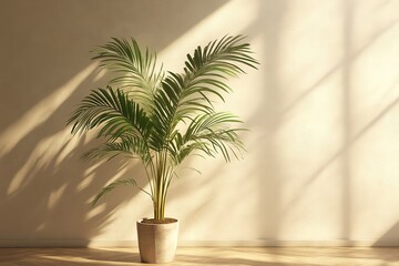 Obraz premium Sun-drenched interior corner with palm plant, evoking calm and serenity.