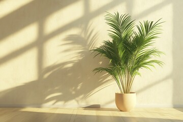 Obraz premium Sun-drenched interior corner with palm plant, evoking calm and serenity.
