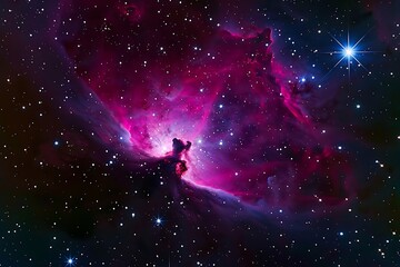 Naklejka premium Stunning nebula in space with vibrant pink and purple hues, set against a backdrop of twinkling stars.