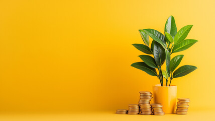 vibrant green plant in yellow pot surrounded by stacks of coins symbolizes growth and prosperity. This cheerful setup on bright yellow background evokes feelings of optimism and success