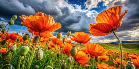 Obraz premium Macro lens captures a field of wild orange poppies, nestled in rolling green hills under a cloudy sky.