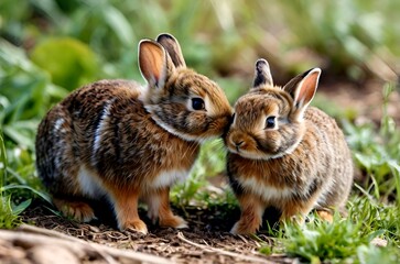 Fototapeta premium Two adorable brown rabbits, a picture of springtime romance, frolic freely in the wild.