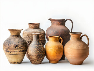 Archaeological ancient clay vases and amphoras of different shapes with ornament set on a white background. Collection of ancient clay products