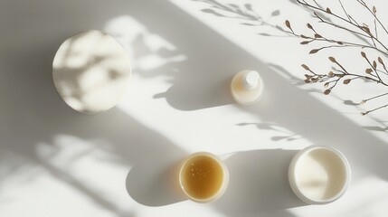 a minimalist flat-lay of essential acne treatment products, including cleansers, serums, and moisturizers, with a clean white background. 