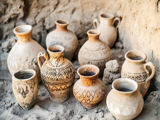 Archaeological ancient clay vases and amphoras of different shapes with ornament on the background of excavations. Old ceramic vase. Ancient times. Art and history.