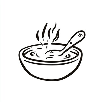 recommend clip art: Hot soup in bowl with spoon, simple line art.