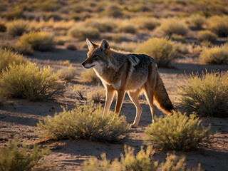 Coyotes Roaming the Sunlit Desert Plains: A lone coyote prowling through sunlit desert plains, its shadow cast against the cracked soil and sparse vegetation under the summer sun.