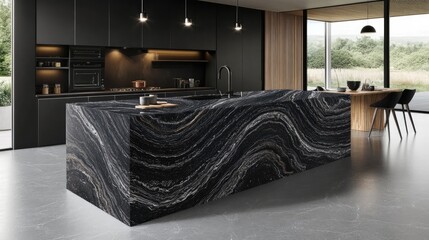 Modern Kitchen Island with Striking Black Marble Countertop
