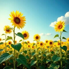 Tall sunflower plants swaying gently in the breeze, landscape, blooming