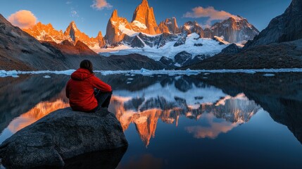 Person admires majestic mountain reflection in tranquil lake