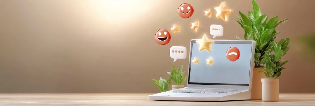 Online Customer Feedback Survey Satisfaction - Laptop displaying positive and negative feedback, stars and emoticons symbolizing customer reviews, satisfaction, and online surveys. Concept of digital 