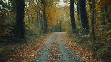 Obraz premium Serene forest path adorned with autumn leaves.
