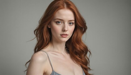 Naklejka premium Captivating portrait of a young woman with flowing red hair showcasing natural beauty