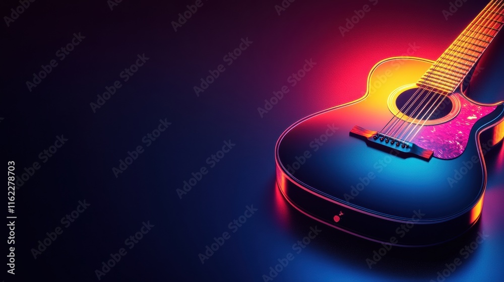 Poster colorful 3d guitar illuminated by vibrant lights showcasing unique design and craftsmanship. generat