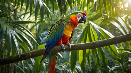 Obraz premium A striking parrot with bright feathers sits on a branch,