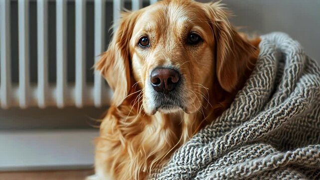 Golden Retriever Dog wrapped in knitted blanket Resting By Radiator During Winter Heating Season. Comfort life for pets