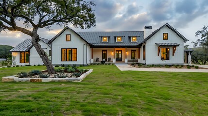 Obraz premium A modern farmhouse with a lush lawn and scenic backdrop at dusk.