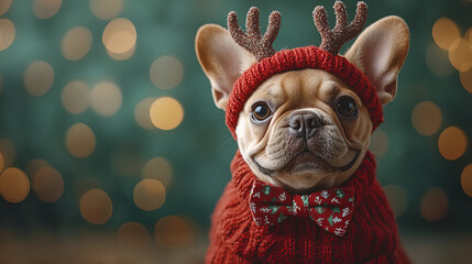 Festive French Bulldog wearing reindeer antlers and red sweater