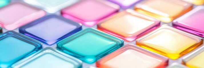 Naklejka premium Colorful Glass Blocks Reflecting Light - Vibrant hues, geometric shapes, light reflection, translucent texture, and pastel colors symbolize modern design, creativity, and optimism.