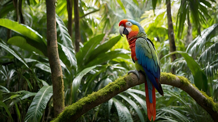 Obraz premium A colorful parrot resting on a branch in this jungle