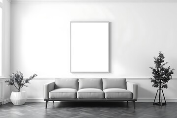 Modern Minimalist Interior with Blank Canvas: A sleek gray sofa sits gracefully against a white wall, adorned with a large, blank canvas. The minimalist interior is complete with potted plants.