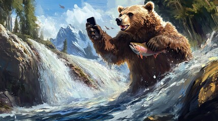 Grizzly Bear Selfie With Fish Near Waterfall