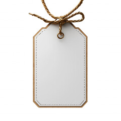 A white tag with a brown border and a gold rope hanging from it