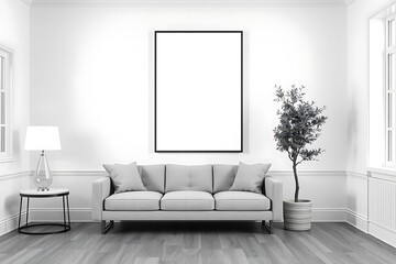 Minimalist Living Room Mockup: A sleek, contemporary living room with a large, black-framed poster mockup in the center, perfect for showcasing artwork, photography, or design projects.