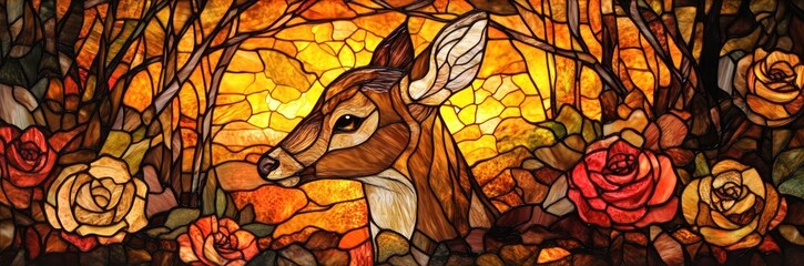 Stained Glass Autumnal Deer Amidst Roses
