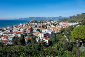 Fototapeta premium View on medieval small touristic coastal town Sperlonga and sea shore, Latina, Italy