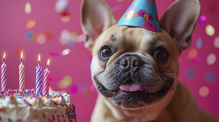 happy French Bulldog wearing party hat celebrates with cake
