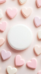 Fototapeta premium Aesthetic flat lay with pastel coloured hearts and white circular center for copy space. Romantic concept. Generative AI