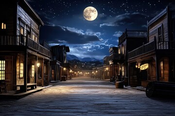 A tranquil night in a western town, bathed in soft moonlight.