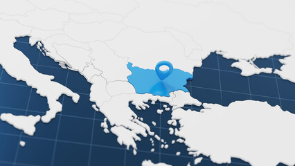 Blue Bulgaria 3d map with pointer pin surrounded with other countries in white. Europe political map with borders. 3d render illustration