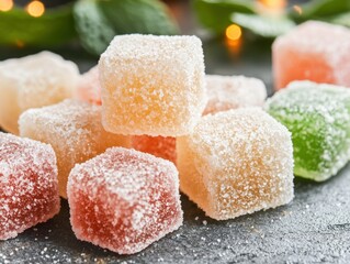 Colorful, sugared fruit jellies in cubes, close-up.