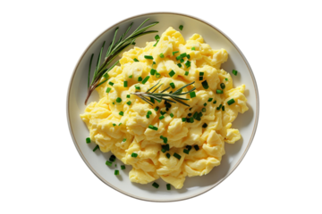 Scrambled Eggs Garnished with Chives and Rosemary - Isolated on Transparent Background