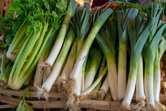Bunches of fresh young leek onion and green selery on local farmers market in Dordogne, France, close up