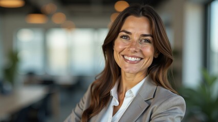 Obraz premium Smiling professional woman exudes confidence and positivity in modern office environment